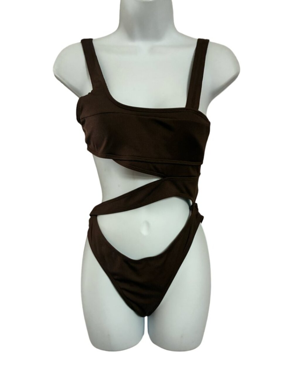 Sz.M*NWOT*Brown Ribbed-Knit Cut-Out Monokini Swimsuit